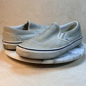 Vans Classic Slip On Glitter Shoes Unisex W 9 M 7.5 Silver Sparkle Casual